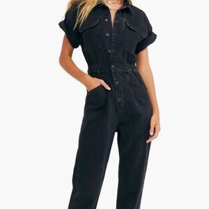 Free People Washed Black Short Sleeve Denim Jumpsuit